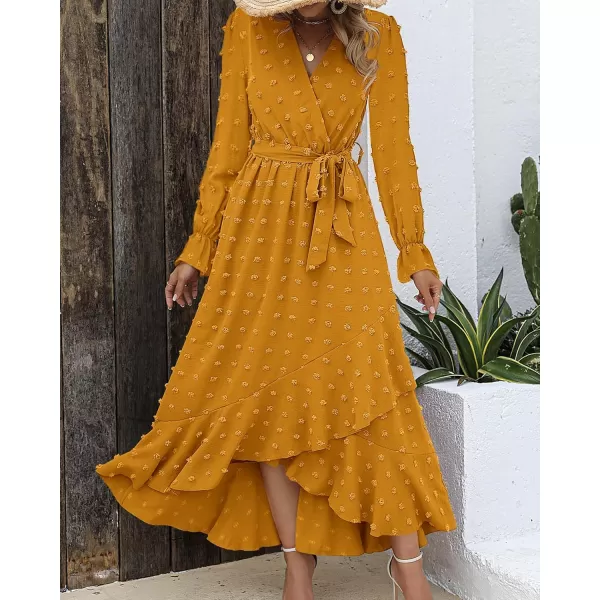 BTFBM Womens Boho Cocktail Maxi Dress 2024 Fall Fashion V Neck Swiss Dot Long Sleeve Flowy Slit Wedding Party DressesSwiss Dot Yellow