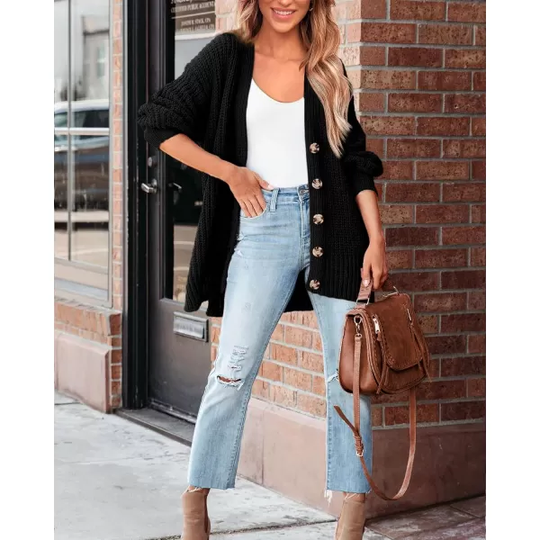 BTFBM Womens Button Down Cardigan Coat Long Sleeve Fall Winter Clothes Loose Chunky Knit Open Front Sweater OuterwearSolid Black