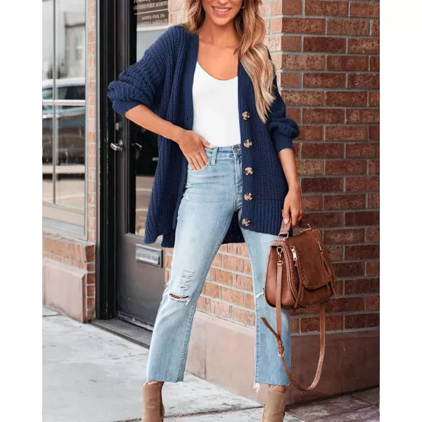 BTFBM Womens Button Down Cardigan Coat Long Sleeve Fall Winter Clothes Loose Chunky Knit Open Front Sweater OuterwearSolid Dark Blue