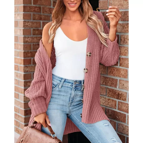 BTFBM Womens Button Down Cardigan Coat Long Sleeve Fall Winter Clothes Loose Chunky Knit Open Front Sweater OuterwearSolid Pink