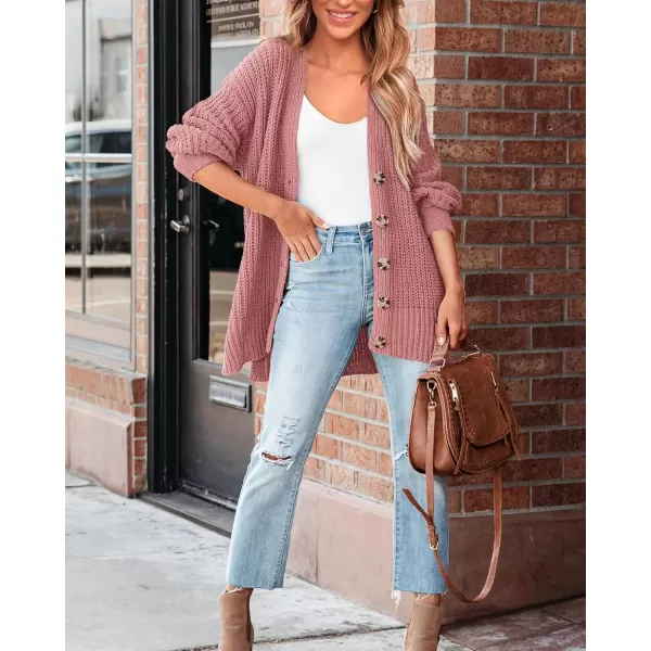 BTFBM Womens Button Down Cardigan Coat Long Sleeve Fall Winter Clothes Loose Chunky Knit Open Front Sweater OuterwearSolid Pink