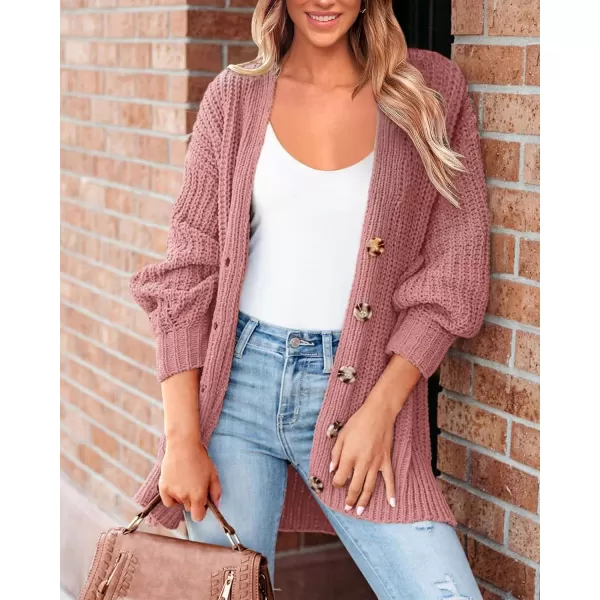 BTFBM Womens Button Down Cardigan Coat Long Sleeve Fall Winter Clothes Loose Chunky Knit Open Front Sweater OuterwearSolid Pink