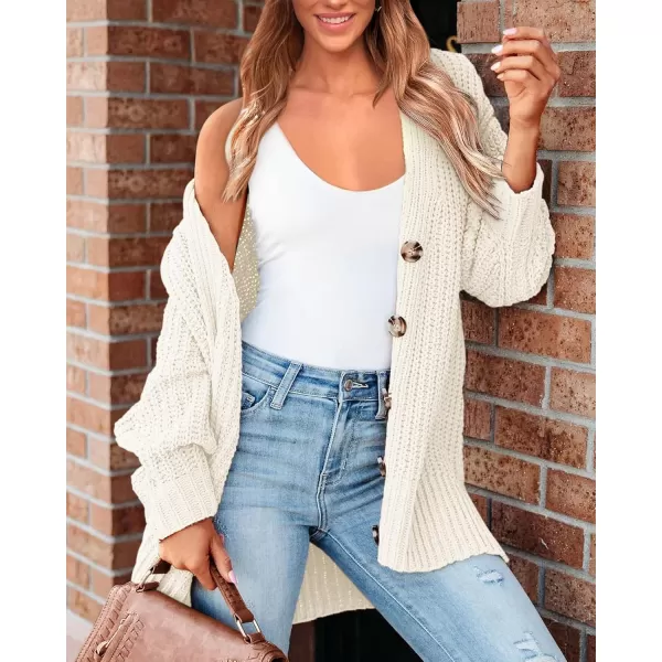 BTFBM Womens Button Down Cardigan Coat Long Sleeve Fall Winter Clothes Loose Chunky Knit Open Front Sweater OuterwearSolid White