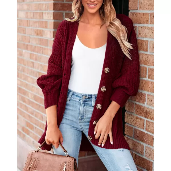 BTFBM Womens Button Down Cardigan Coat Long Sleeve Fall Winter Clothes Loose Chunky Knit Open Front Sweater OuterwearSolid Wine Red