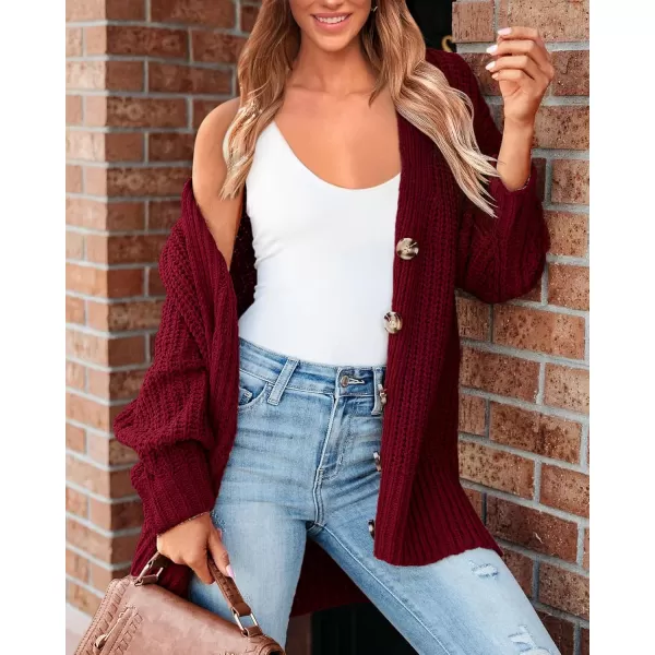 BTFBM Womens Button Down Cardigan Coat Long Sleeve Fall Winter Clothes Loose Chunky Knit Open Front Sweater OuterwearSolid Wine Red