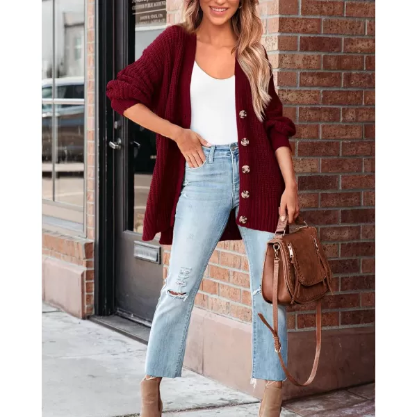 BTFBM Womens Button Down Cardigan Coat Long Sleeve Fall Winter Clothes Loose Chunky Knit Open Front Sweater OuterwearSolid Wine Red