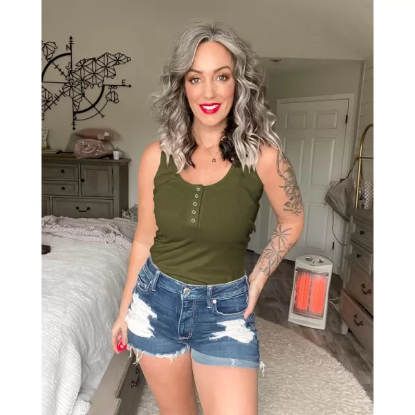 BTFBM Womens Summer Ribbed Tank Tops Crew Neck Button Down Slim Fit Basic Sleeveless Tunic Blouse Casual Henley ShirtsSleeveless Army Green