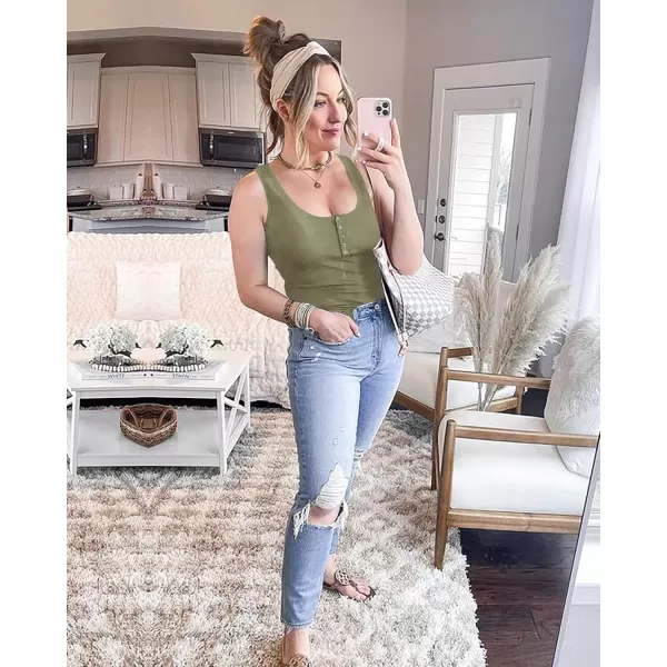 BTFBM Womens Summer Ribbed Tank Tops Crew Neck Button Down Slim Fit Basic Sleeveless Tunic Blouse Casual Henley ShirtsSleeveless Bean Green