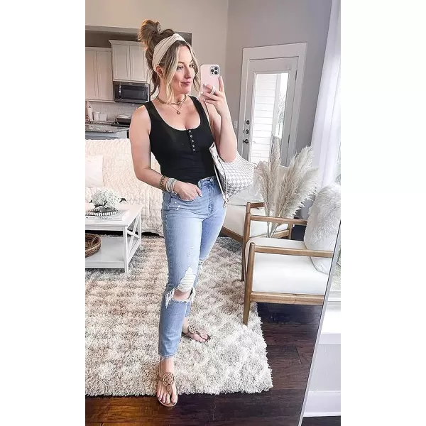 BTFBM Womens Summer Ribbed Tank Tops Crew Neck Button Down Slim Fit Basic Sleeveless Tunic Blouse Casual Henley ShirtsSleeveless Black
