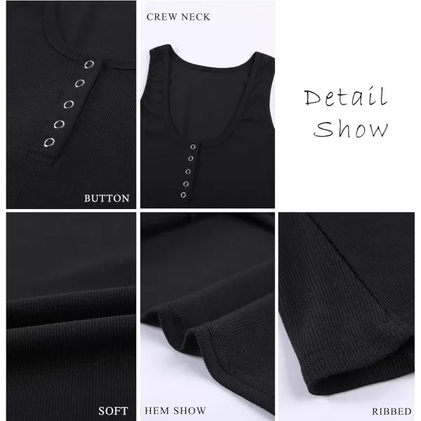 BTFBM Womens Summer Ribbed Tank Tops Crew Neck Button Down Slim Fit Basic Sleeveless Tunic Blouse Casual Henley ShirtsSleeveless Black