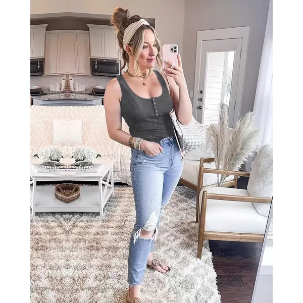 BTFBM Womens Summer Ribbed Tank Tops Crew Neck Button Down Slim Fit Basic Sleeveless Tunic Blouse Casual Henley ShirtsSleeveless Dark Grey
