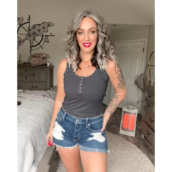 BTFBM Womens Summer Ribbed Tank Tops Crew Neck Button Down Slim Fit Basic Sleeveless Tunic Blouse Casual Henley ShirtsSleeveless Dark Grey