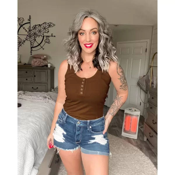 BTFBM Womens Summer Ribbed Tank Tops Crew Neck Button Down Slim Fit Basic Sleeveless Tunic Blouse Casual Henley ShirtsSleeveless Dark Khaki
