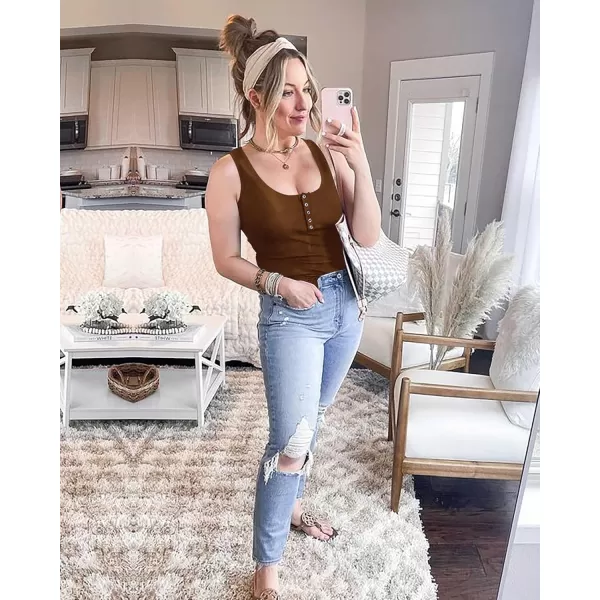 BTFBM Womens Summer Ribbed Tank Tops Crew Neck Button Down Slim Fit Basic Sleeveless Tunic Blouse Casual Henley ShirtsSleeveless Dark Khaki