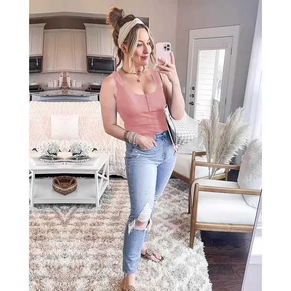 BTFBM Womens Summer Ribbed Tank Tops Crew Neck Button Down Slim Fit Basic Sleeveless Tunic Blouse Casual Henley ShirtsSleeveless Grey Pink