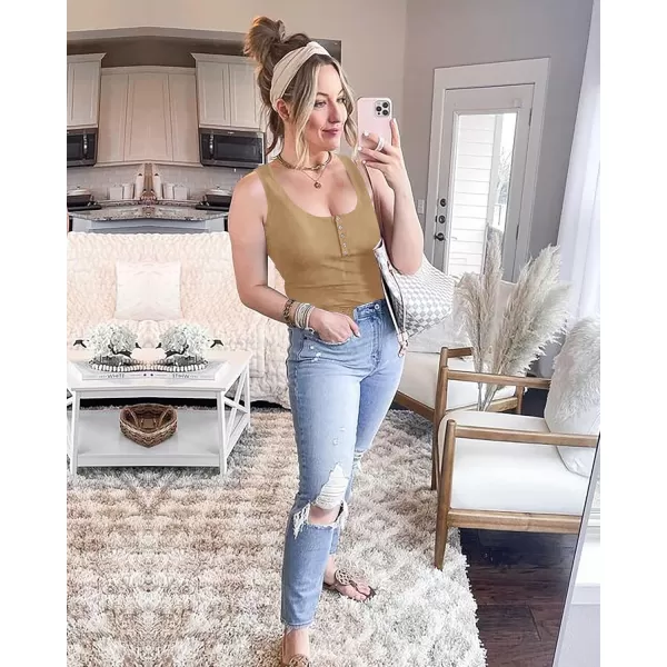 BTFBM Womens Summer Ribbed Tank Tops Crew Neck Button Down Slim Fit Basic Sleeveless Tunic Blouse Casual Henley ShirtsSleeveless Light Khaki