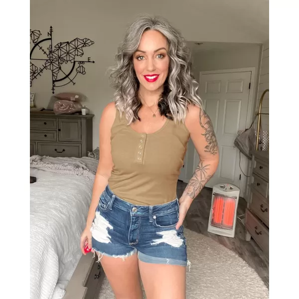 BTFBM Womens Summer Ribbed Tank Tops Crew Neck Button Down Slim Fit Basic Sleeveless Tunic Blouse Casual Henley ShirtsSleeveless Light Khaki