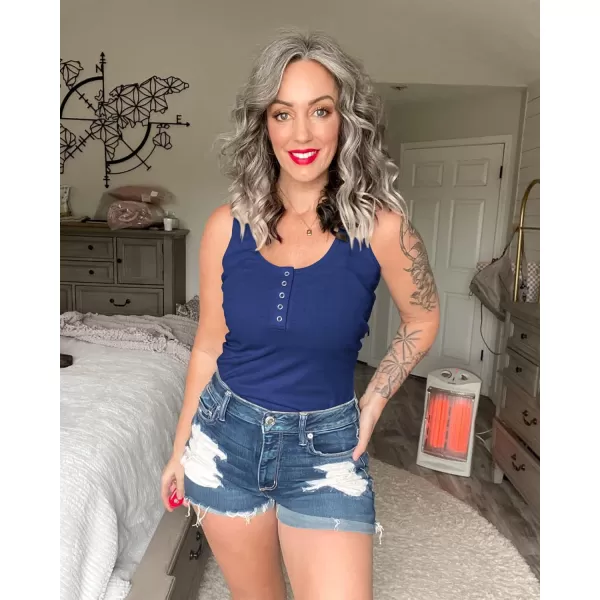 BTFBM Womens Summer Ribbed Tank Tops Crew Neck Button Down Slim Fit Basic Sleeveless Tunic Blouse Casual Henley ShirtsSleeveless Navy