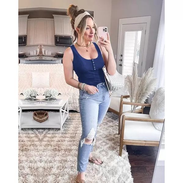 BTFBM Womens Summer Ribbed Tank Tops Crew Neck Button Down Slim Fit Basic Sleeveless Tunic Blouse Casual Henley ShirtsSleeveless Navy