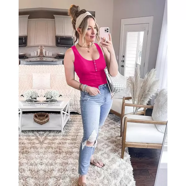 BTFBM Womens Summer Ribbed Tank Tops Crew Neck Button Down Slim Fit Basic Sleeveless Tunic Blouse Casual Henley ShirtsSleeveless Rose Red