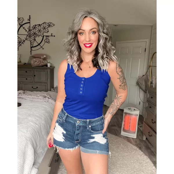 BTFBM Womens Summer Ribbed Tank Tops Crew Neck Button Down Slim Fit Basic Sleeveless Tunic Blouse Casual Henley ShirtsSleeveless Royal Blue