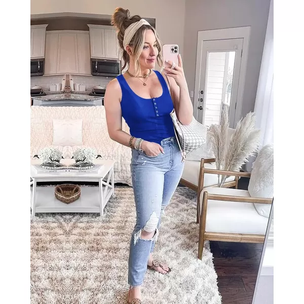 BTFBM Womens Summer Ribbed Tank Tops Crew Neck Button Down Slim Fit Basic Sleeveless Tunic Blouse Casual Henley ShirtsSleeveless Royal Blue
