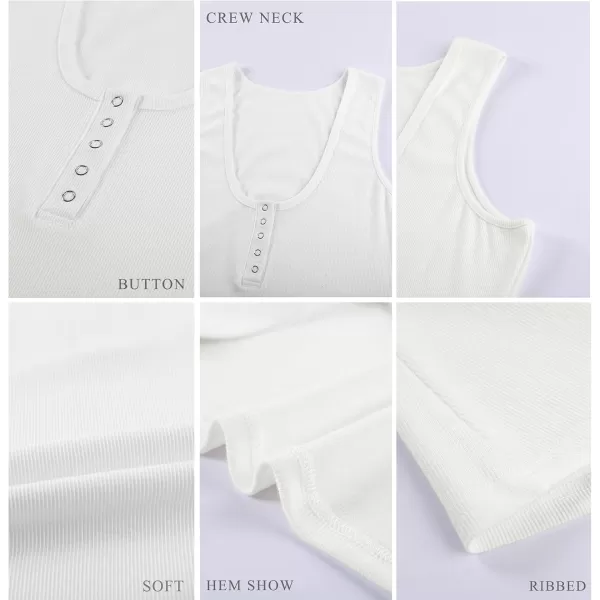BTFBM Womens Summer Ribbed Tank Tops Crew Neck Button Down Slim Fit Basic Sleeveless Tunic Blouse Casual Henley ShirtsSleeveless White