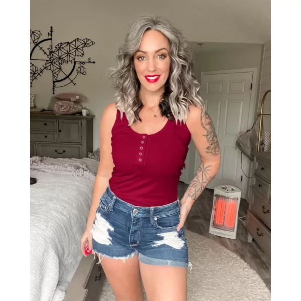 BTFBM Womens Summer Ribbed Tank Tops Crew Neck Button Down Slim Fit Basic Sleeveless Tunic Blouse Casual Henley ShirtsSleeveless Wine Red