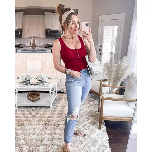 BTFBM Womens Summer Ribbed Tank Tops Crew Neck Button Down Slim Fit Basic Sleeveless Tunic Blouse Casual Henley ShirtsSleeveless Wine Red