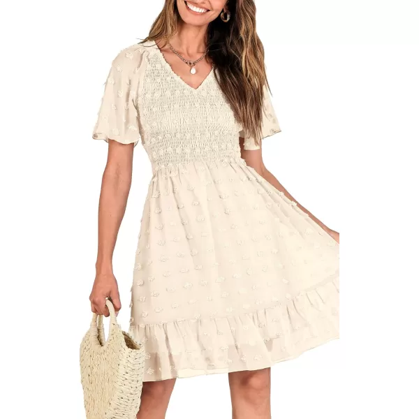 BTFBM Womens V Neck Smocked Short Sleeve Casual Dress Swiss Dot Swing Flowy Ruffle Hem Mini Beach Summer Dresses 2024Swiss Dot Apricot