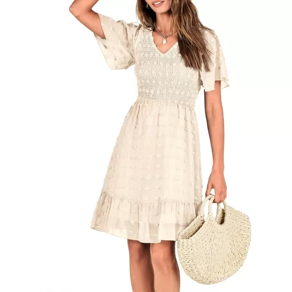 BTFBM Womens V Neck Smocked Short Sleeve Casual Dress Swiss Dot Swing Flowy Ruffle Hem Mini Beach Summer Dresses 2024Swiss Dot Apricot
