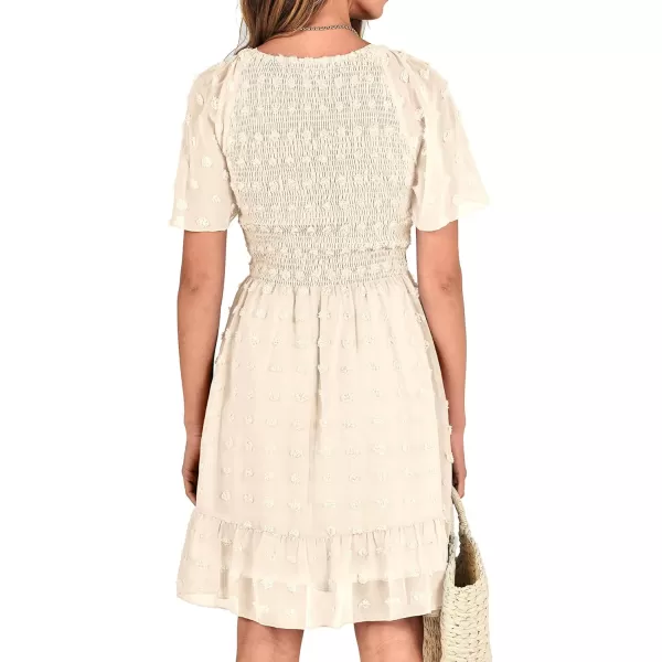 BTFBM Womens V Neck Smocked Short Sleeve Casual Dress Swiss Dot Swing Flowy Ruffle Hem Mini Beach Summer Dresses 2024Swiss Dot Apricot