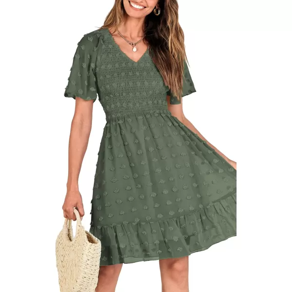BTFBM Womens V Neck Smocked Short Sleeve Casual Dress Swiss Dot Swing Flowy Ruffle Hem Mini Beach Summer Dresses 2024Swiss Dot Army Green