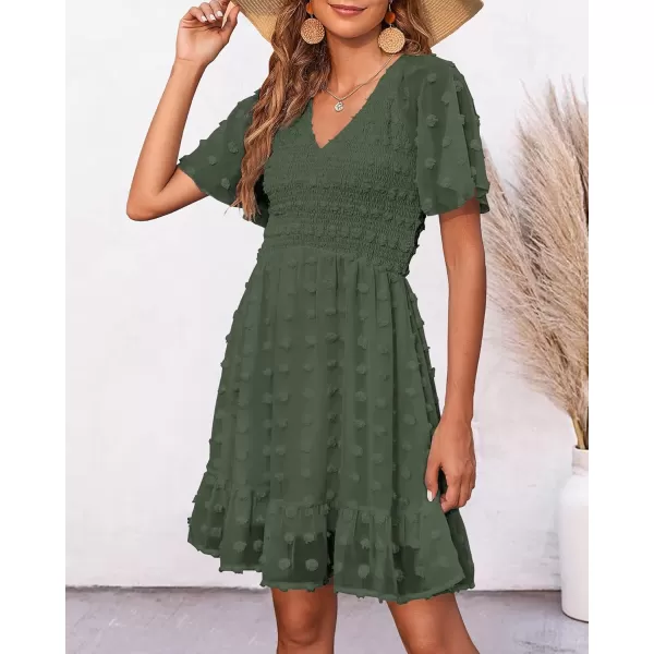 BTFBM Womens V Neck Smocked Short Sleeve Casual Dress Swiss Dot Swing Flowy Ruffle Hem Mini Beach Summer Dresses 2024Swiss Dot Army Green