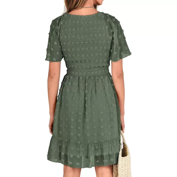 BTFBM Womens V Neck Smocked Short Sleeve Casual Dress Swiss Dot Swing Flowy Ruffle Hem Mini Beach Summer Dresses 2024Swiss Dot Army Green