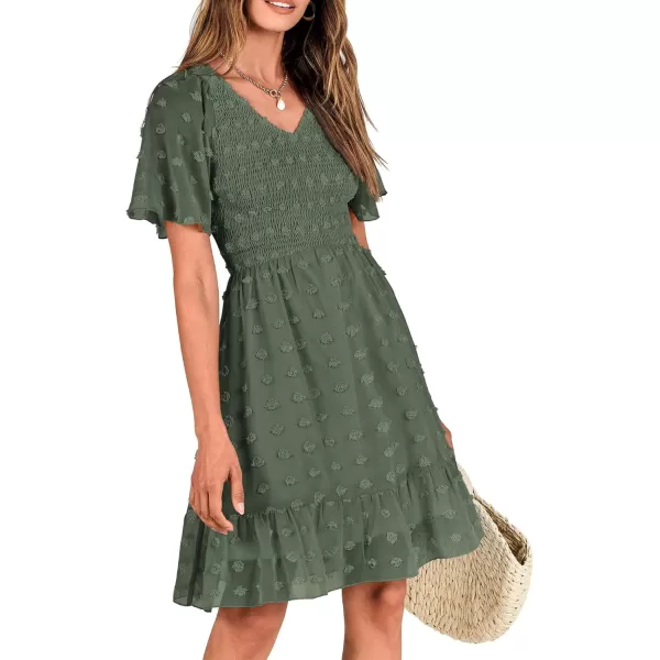 BTFBM Womens V Neck Smocked Short Sleeve Casual Dress Swiss Dot Swing Flowy Ruffle Hem Mini Beach Summer Dresses 2024Swiss Dot Army Green