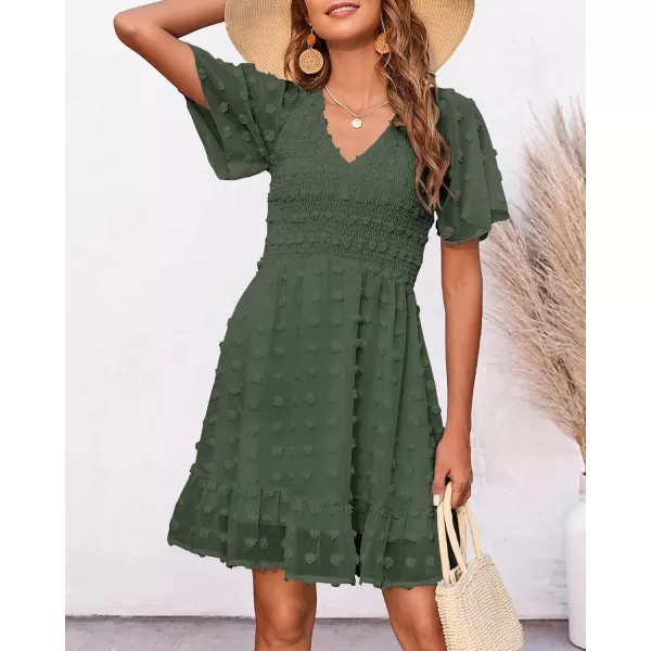 BTFBM Womens V Neck Smocked Short Sleeve Casual Dress Swiss Dot Swing Flowy Ruffle Hem Mini Beach Summer Dresses 2024Swiss Dot Army Green