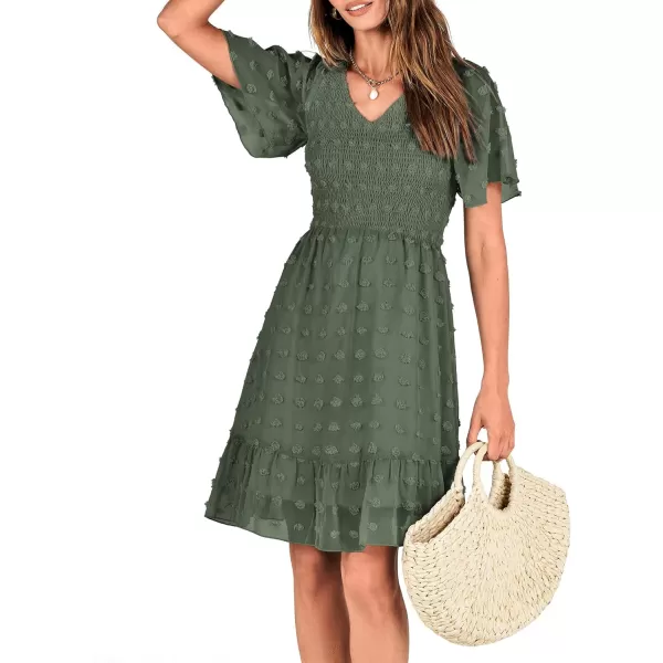 BTFBM Womens V Neck Smocked Short Sleeve Casual Dress Swiss Dot Swing Flowy Ruffle Hem Mini Beach Summer Dresses 2024Swiss Dot Army Green