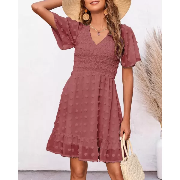 BTFBM Womens V Neck Smocked Short Sleeve Casual Dress Swiss Dot Swing Flowy Ruffle Hem Mini Beach Summer Dresses 2024Swiss Dot Bean Paste Red