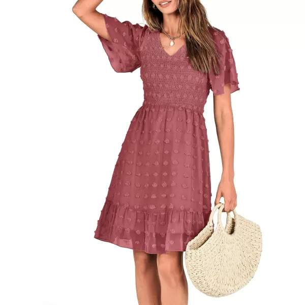 BTFBM Womens V Neck Smocked Short Sleeve Casual Dress Swiss Dot Swing Flowy Ruffle Hem Mini Beach Summer Dresses 2024Swiss Dot Bean Paste Red