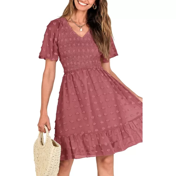 BTFBM Womens V Neck Smocked Short Sleeve Casual Dress Swiss Dot Swing Flowy Ruffle Hem Mini Beach Summer Dresses 2024Swiss Dot Bean Paste Red