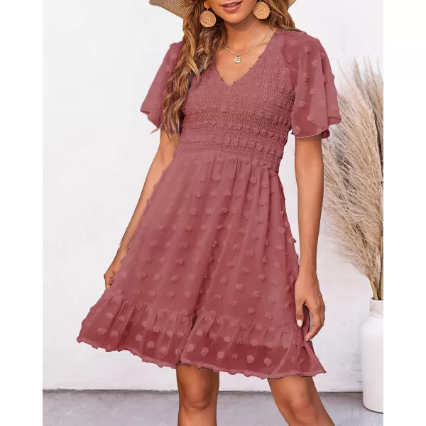 BTFBM Womens V Neck Smocked Short Sleeve Casual Dress Swiss Dot Swing Flowy Ruffle Hem Mini Beach Summer Dresses 2024Swiss Dot Bean Paste Red