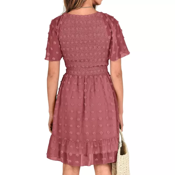 BTFBM Womens V Neck Smocked Short Sleeve Casual Dress Swiss Dot Swing Flowy Ruffle Hem Mini Beach Summer Dresses 2024Swiss Dot Bean Paste Red
