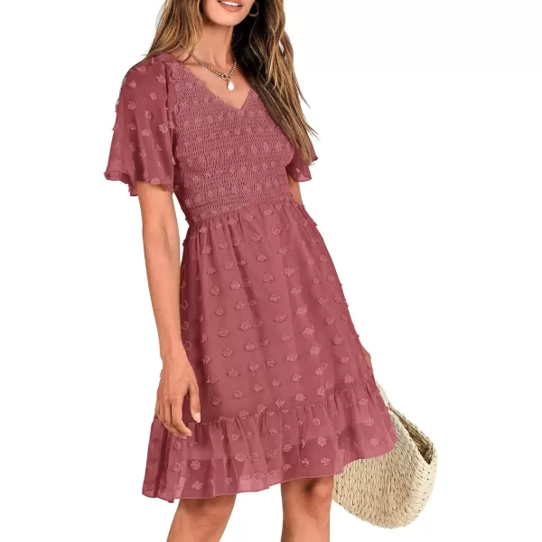 BTFBM Womens V Neck Smocked Short Sleeve Casual Dress Swiss Dot Swing Flowy Ruffle Hem Mini Beach Summer Dresses 2024Swiss Dot Bean Paste Red