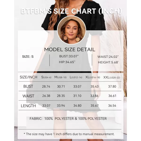 BTFBM Womens V Neck Smocked Short Sleeve Casual Dress Swiss Dot Swing Flowy Ruffle Hem Mini Beach Summer Dresses 2024Swiss Dot Black