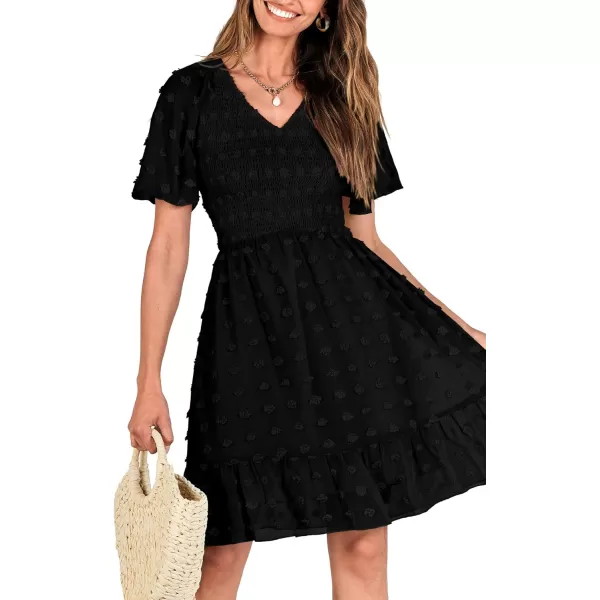 BTFBM Womens V Neck Smocked Short Sleeve Casual Dress Swiss Dot Swing Flowy Ruffle Hem Mini Beach Summer Dresses 2024Swiss Dot Black