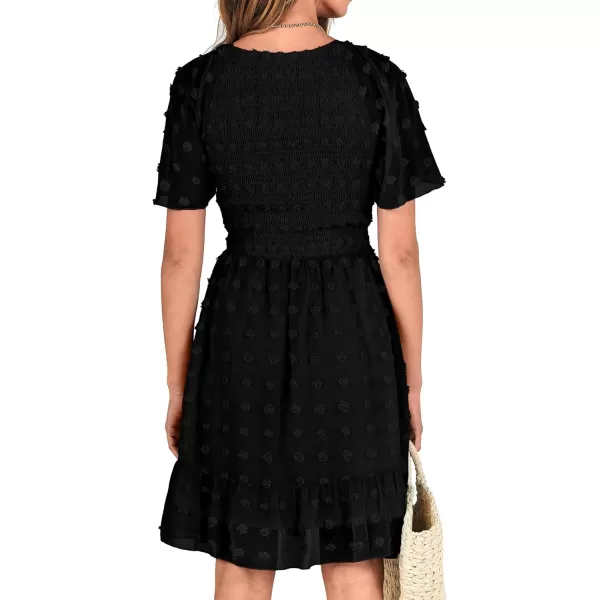 BTFBM Womens V Neck Smocked Short Sleeve Casual Dress Swiss Dot Swing Flowy Ruffle Hem Mini Beach Summer Dresses 2024Swiss Dot Black
