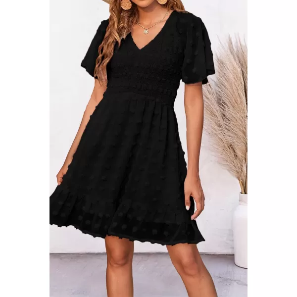 BTFBM Womens V Neck Smocked Short Sleeve Casual Dress Swiss Dot Swing Flowy Ruffle Hem Mini Beach Summer Dresses 2024Swiss Dot Black