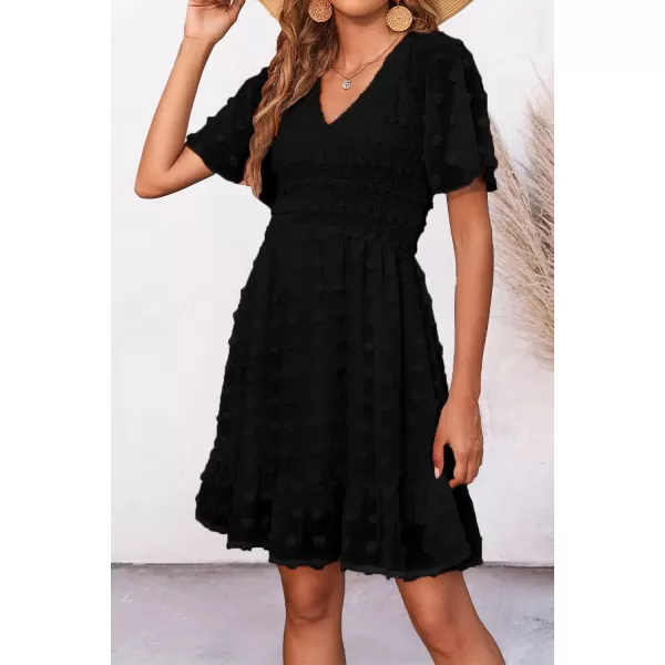 BTFBM Womens V Neck Smocked Short Sleeve Casual Dress Swiss Dot Swing Flowy Ruffle Hem Mini Beach Summer Dresses 2024Swiss Dot Black