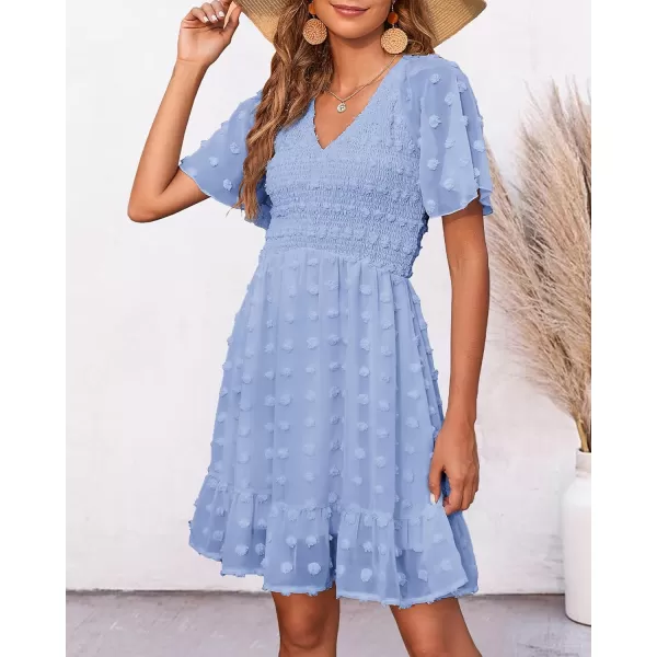 BTFBM Womens V Neck Smocked Short Sleeve Casual Dress Swiss Dot Swing Flowy Ruffle Hem Mini Beach Summer Dresses 2024Swiss Dot Blue